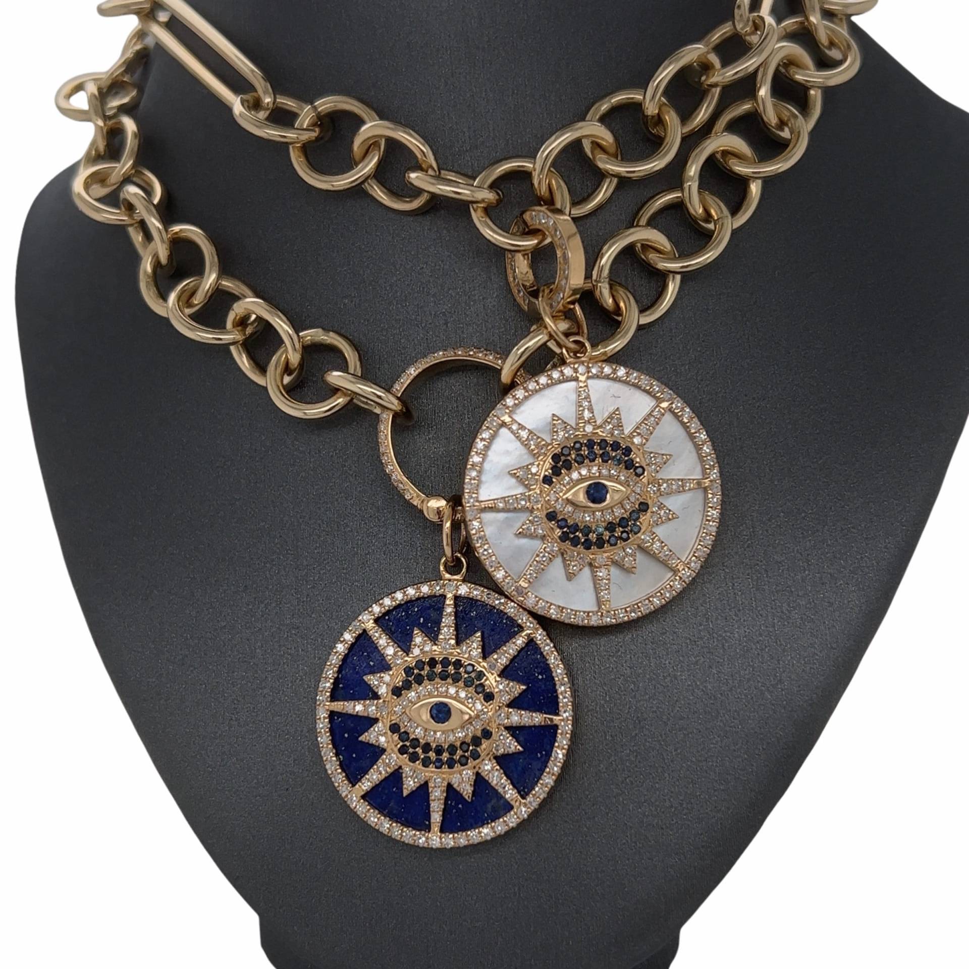 14K Gold, Diamant, Saphir, Lapis Lazuli, Perlmutt, Löwenherz Signatur Evil Eye Charm Anhänger von Lionheartjewelers