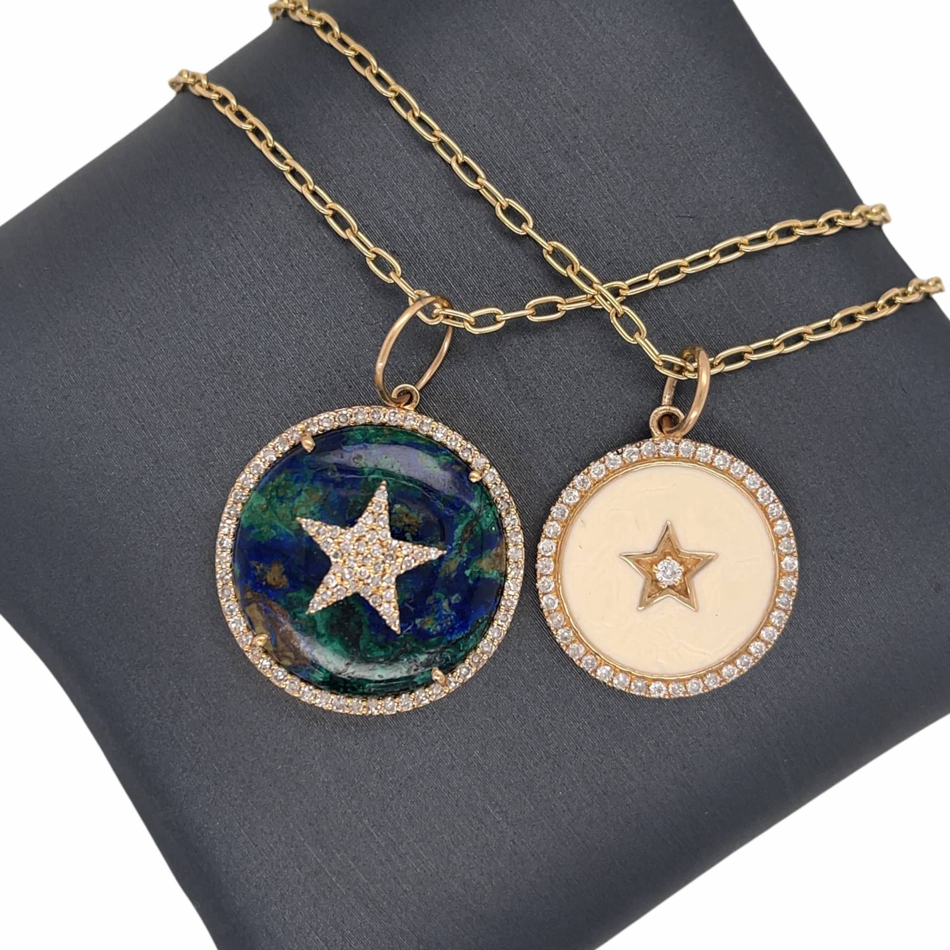 14K Gold, Diamanten, Azurit Malachit, Diamant Stern Charm Medaillons von Lionheartjewelers