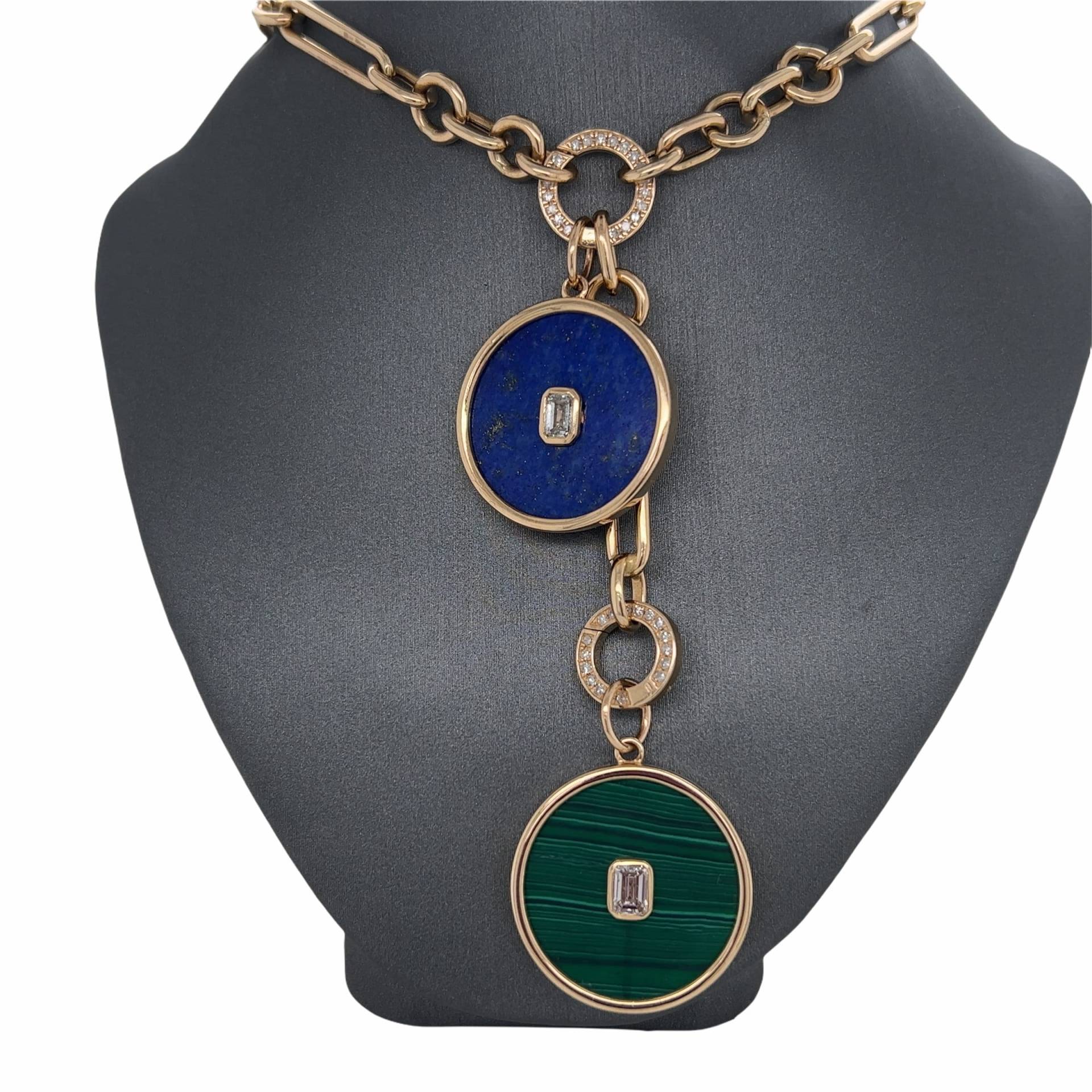 14K Gold, Lionheart Design, Bezel Set Diamant, Malachit, Lapis Lazuli, Medaillon, Charm Anhänger von Lionheartjewelers