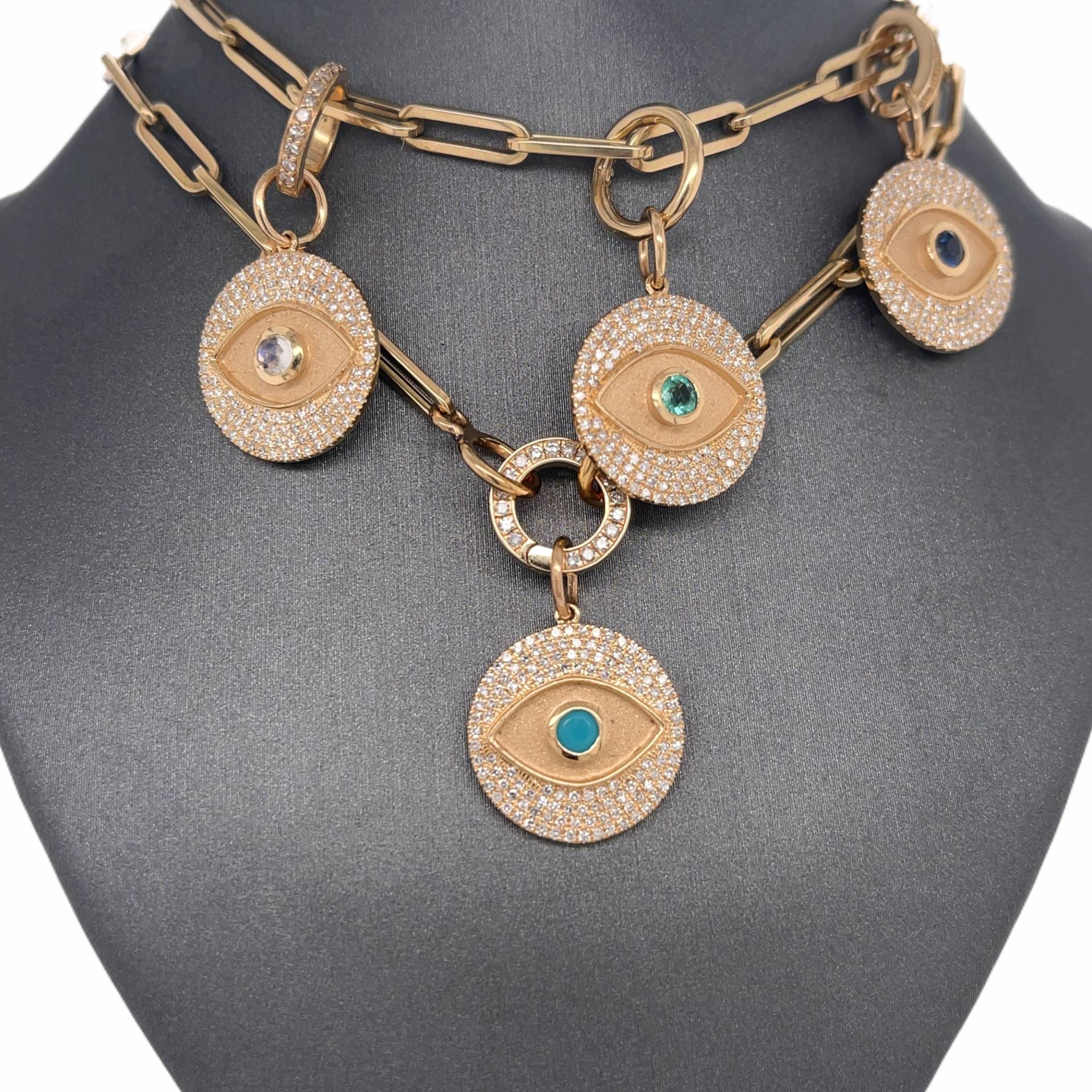 14K Solid Gold, Diamant, Türkis, Mondstein, Saphir, Smaragd, Evil Eye, Schutz Charm Anhänger 14K Solid Gold, Diamant, Türkis, Mondstein, Saphir, Smaragd, Evil Eye, Schutz Charm Anhänger von Goldheartjewelers