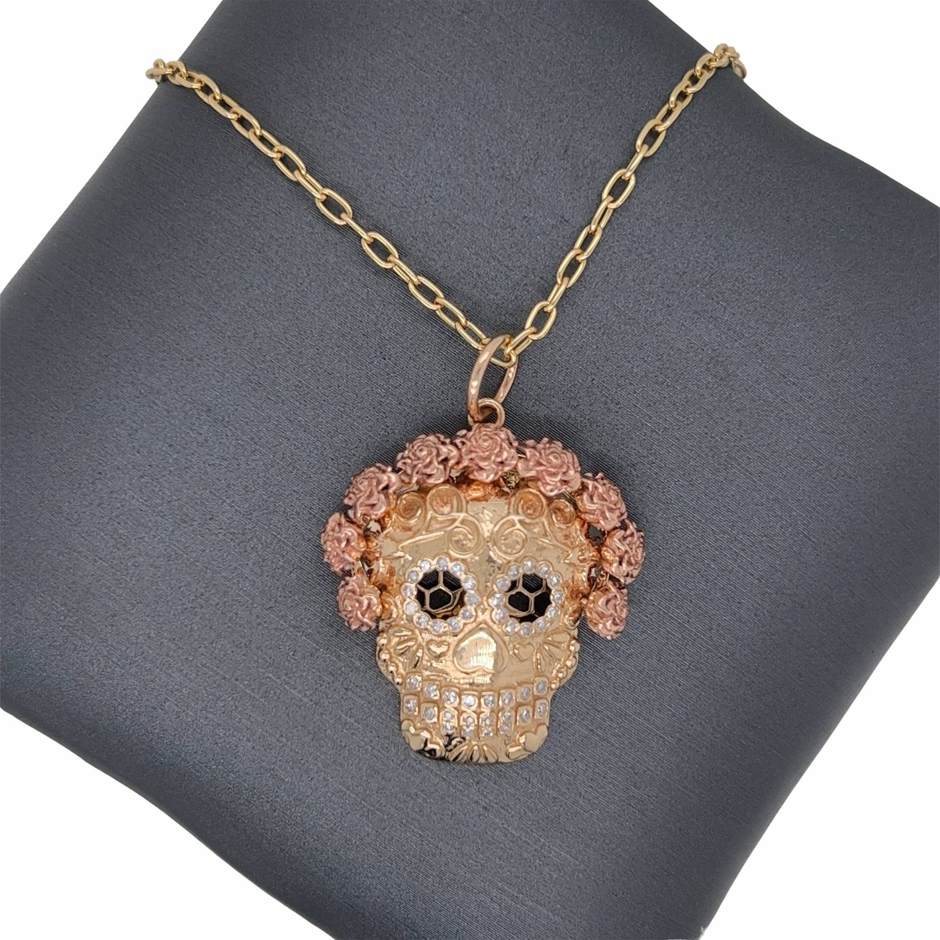 14K Solid Gold Lionheart Signature, Roségold, Diamant, Sugar Skull, Dia De Los Muertos Charm Anhänger von Lionheartjewelers