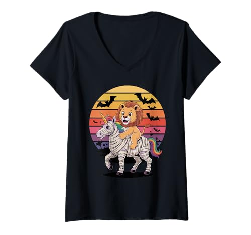 Damen Halloween Mumie Einhorn Löwe Löwen T-Shirt mit V-Ausschnitt von Lions Lion Lover Gifts