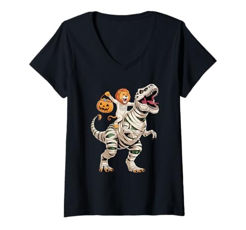 Damen Halloween T-Rex Dinosaurier Löwe Mumie Tyrannosaurus Rex T-Shirt mit V-Ausschnitt von Lions Lion Lover Gifts