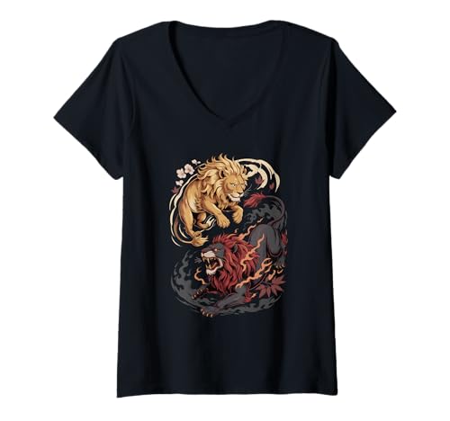 Damen Japanische Kunst Löwe Gut und Teufel Löwen T-Shirt mit V-Ausschnitt von Lions Lion Lover Gifts