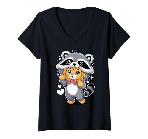 Damen Kawaii Löwe Waschbär Kostüm Löwen T-Shirt mit V-Ausschnitt von Lions Lion Lover Gifts