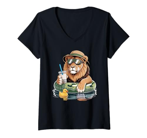 Damen Löwe Boba Perlen Milchtee Löwen T-Shirt mit V-Ausschnitt Damen Löwe Boba Perlen Milchtee Löwen T-Shirt mit V-Ausschnitt von Lions Lion Lover Gifts