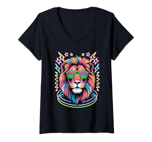 Damen Party Löwe Sonnenbrille Löwen T-Shirt mit V-Ausschnitt von Lions Lion Lover Gifts