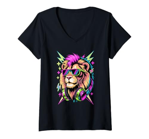 Damen Punk Ära Stil Löwe Sonnenbrille Löwen T-Shirt mit V-Ausschnitt von Lions Lion Lover Gifts