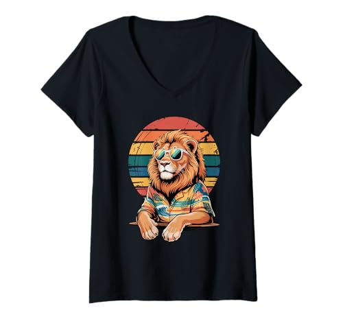 Damen Retro Löwe Sonnenbrille Hawaii Strand Sommer Urlaub T-Shirt mit V-Ausschnitt Damen Retro Löwe Sonnenbrille Hawaii Strand Sommer Urlaub T-Shirt mit V-Ausschnitt von Lions Lion Lover Gifts