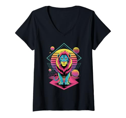 Damen Retro Synthwave Löwe Löwen T-Shirt mit V-Ausschnitt Damen Retro Synthwave Löwe Löwen T-Shirt mit V-Ausschnitt von Lions Lion Lover Gifts