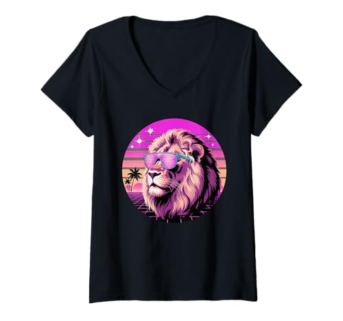Damen Retro Synthwave Löwe Sonnenbrille Löwen T-Shirt mit V-Ausschnitt Damen Retro Synthwave Löwe Sonnenbrille Löwen T-Shirt mit V-Ausschnitt von Lions Lion Lover Gifts