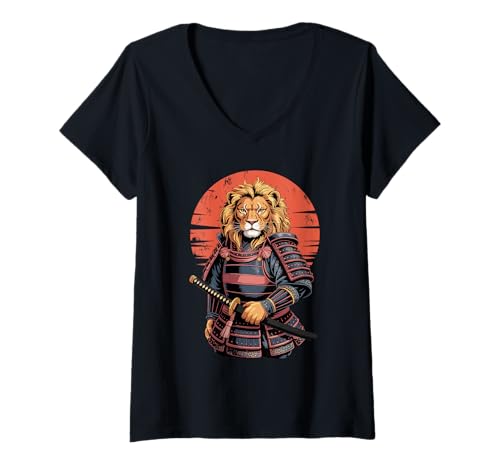 Damen Samurai Löwe Schwert Löwen T-Shirt mit V-Ausschnitt von Lions Lion Lover Gifts