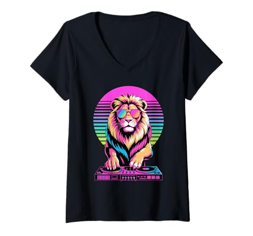 Damen Synthwave Löwe DJ Sonnenbrille Löwen T-Shirt mit V-Ausschnitt von Lions Lion Lover Gifts