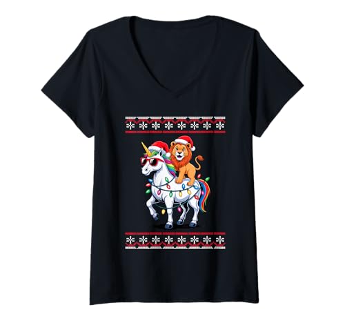 Damen Weihnachten Löwe Einhorn Sonnenbrille Löwen T-Shirt mit V-Ausschnitt von Lions Lion Lover Gifts