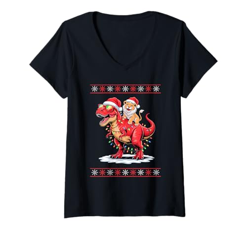 Damen Weihnachten Löwe T-Rex Dinosaurier Tyrannosaurus Rex Löwen T-Shirt mit V-Ausschnitt von Lions Lion Lover Gifts