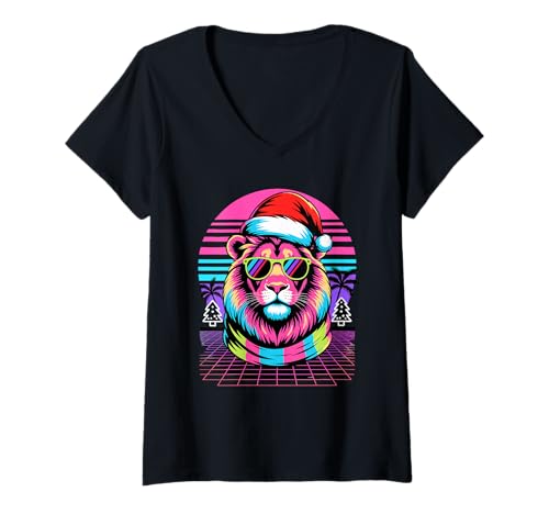 Damen Weihnachten Synthwave Löwe Sonnenbrille Löwen T-Shirt mit V-Ausschnitt von Lions Lion Lover Gifts