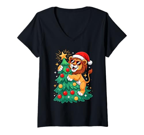 Damen Weihnachtsbaum Löwe Sonnenbrille Löwen T-Shirt mit V-Ausschnitt von Lions Lion Lover Gifts