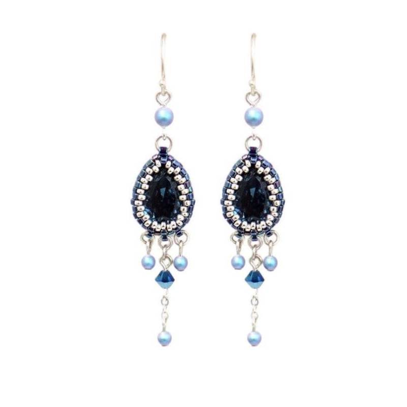 Blaue Silberne Ohrringe, Swarovski Kristalltropfenohrringe, Hochzeitsohrringe, Kronleuchterohrringe Sterlingsilber, Dunkelblauer Ohrring von LioraBJewelry
