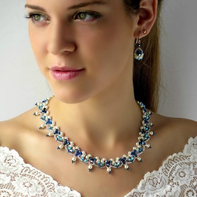 Blauer Hochzeitsschmuck, Perlen Statement Brautkette, Schmuckset Für Die Mutter Der Braut, Perlen - Und Kristallkette, Einzigartige Halsketten Frauen von LioraBJewelry