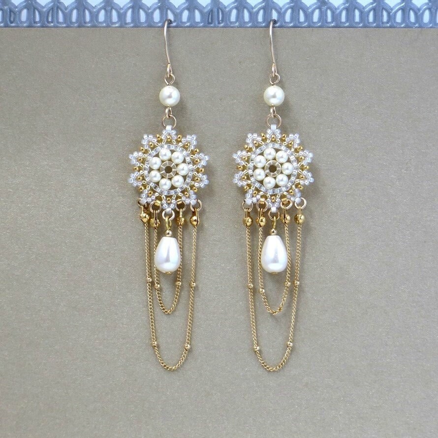 Boho Braut Ohrringe, Hochzeit Baumeln Lange Kette Ohrringe Gold, Statement Drop Perlen Für Die Hochzeit, Formelle von LioraBJewelry