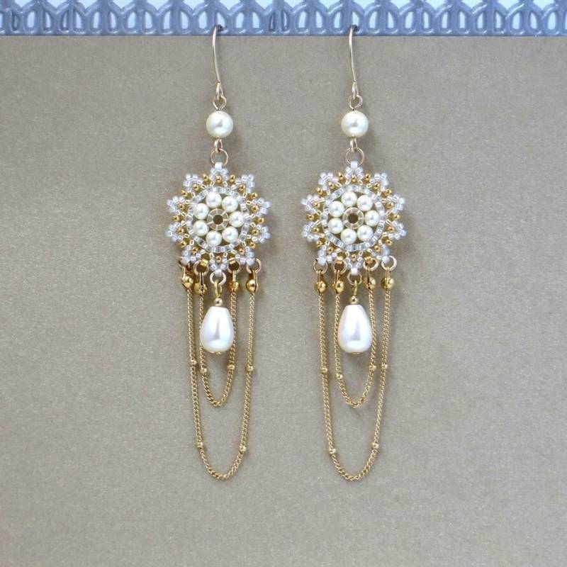 Boho Braut Ohrringe, Hochzeit Baumeln Lange Kette Ohrringe Gold, Statement Drop Perlen Für Die Hochzeit, Formelle von LioraBJewelry