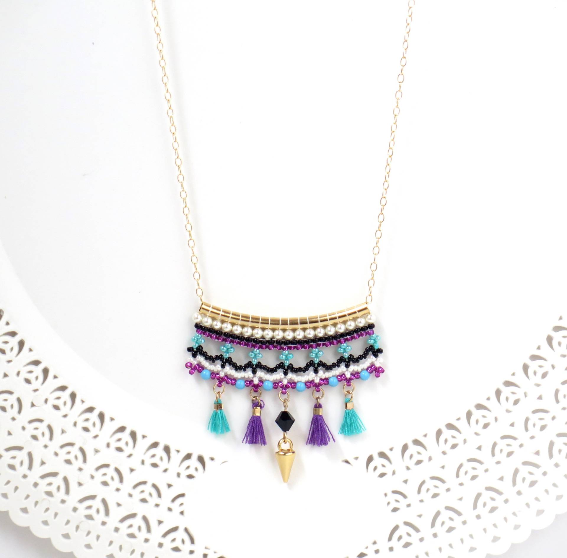 Einzigartige Bunte Quaste Halskette Gold, Türkis Und Lila Boho Perlen Anhänger Halskette, Lange Zierliche Für Frauen von LioraBJewelry
