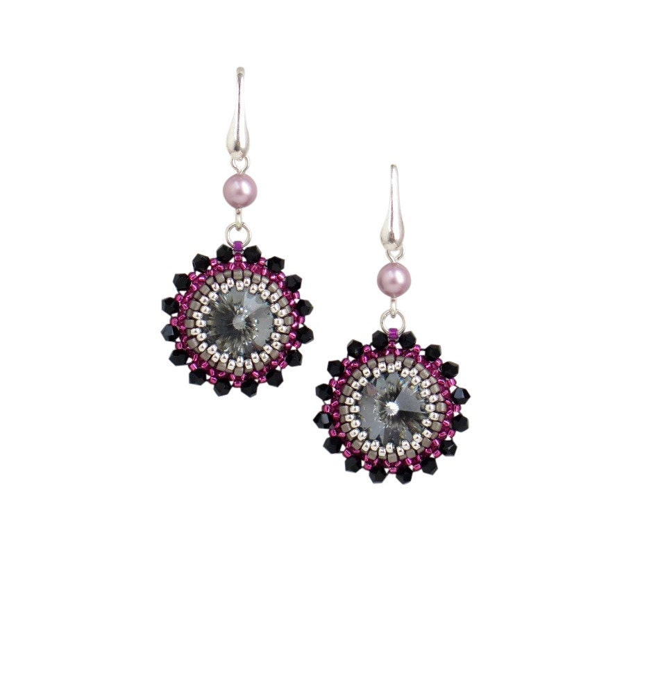 Graue Ohrringe, Schwarze Und Rosa Swarovski Kristall Ohrringe Silber, Elegante Abendschmuck, Handgemachte von LioraBJewelry