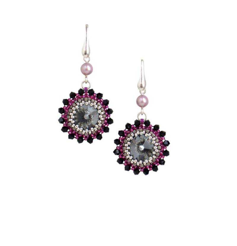 Graue Ohrringe, Schwarze Und Rosa Swarovski Kristall Ohrringe Silber, Elegante Abendschmuck, Handgemachte von LioraBJewelry