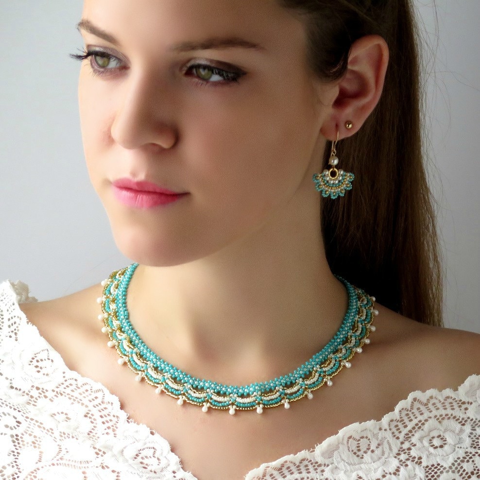 Halskette Und Ohrring Set Für Sie, Türkis Gold Halskette, Perlenschmuck, Geschenk Mutter von LioraBJewelry