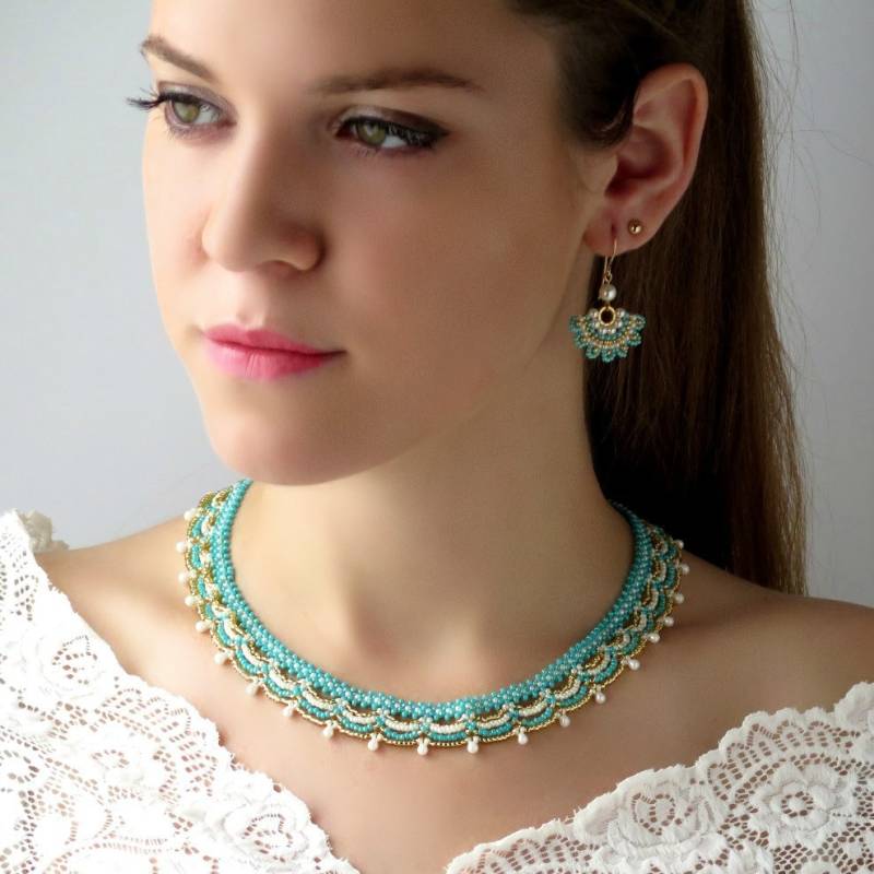 Halskette Und Ohrring Set Für Sie, Türkis Gold Halskette, Perlenschmuck, Geschenk Mutter von LioraBJewelry