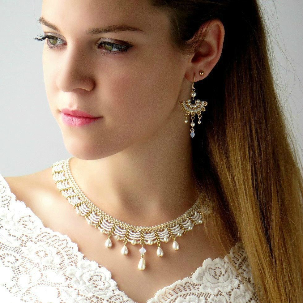 Hochzeit Halskette Set, Braut Und Ohrringe Schmuck-Sets Für Braut, Chandelier Hochzeit, Perle von LioraBJewelry