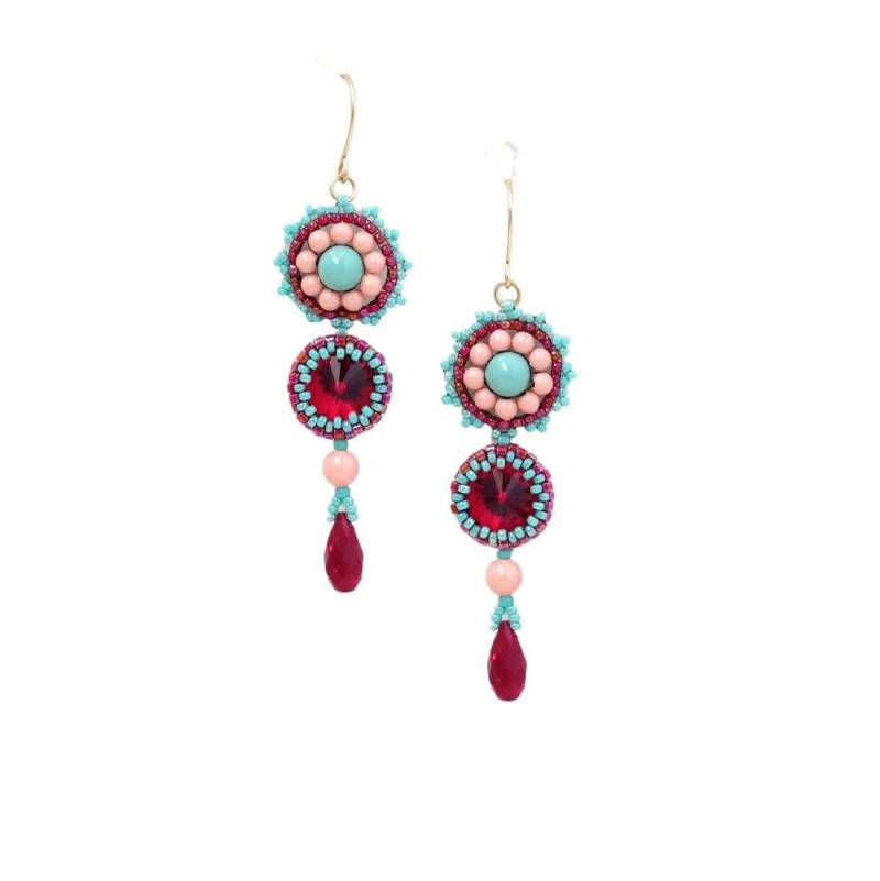 Lange Ohrringe Baumeln, Bunte Ohrringe, Swarovski Kristall Türkis Und Rot Tropfen Perlen Abschlussball Für Frauen von LioraBJewelry