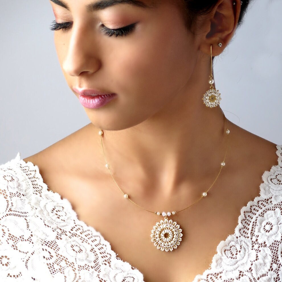 Lange Perlenkette Und Ohrringe, Mandala Halskette, Perlenohrring, Perlenschmuck, Silberschmuck, Perlenschmuck von LioraBJewelry