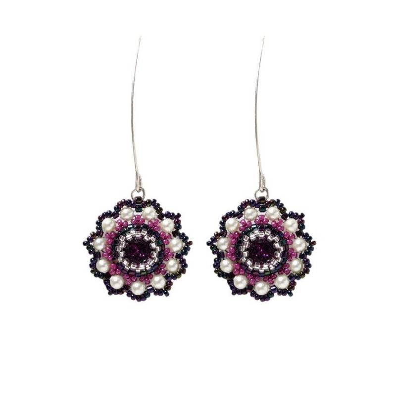 Lila Blume Ohrringe, Lange Silber Ohrring, Swarovski Kristall Und Perlen Handgemachte Ohrringe Für Frauen Geschenke, Abschlussball von LioraBJewelry