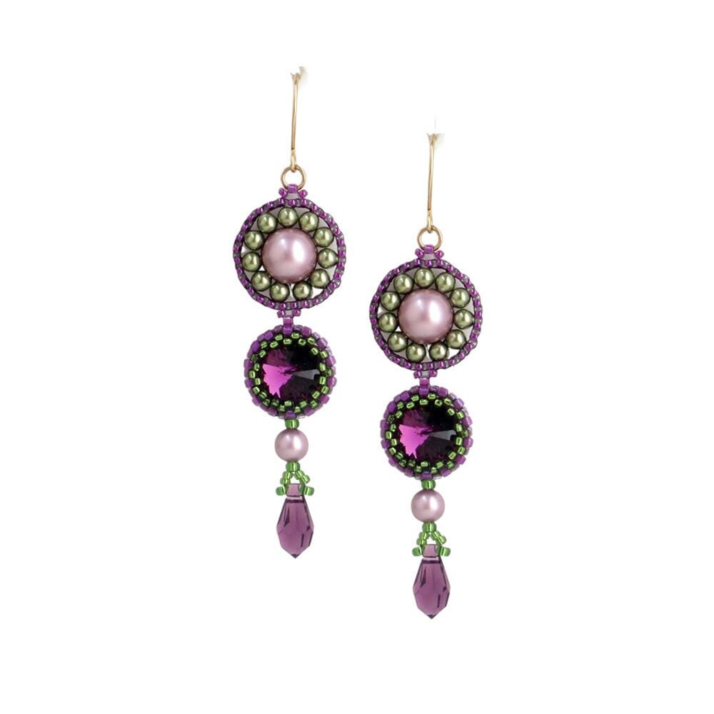 Lila Und Grüne Swarovski Kristall Ohrringe, Handgemachte Lange Tropfen Perlen Ohrringe Für Frauen von LioraBJewelry