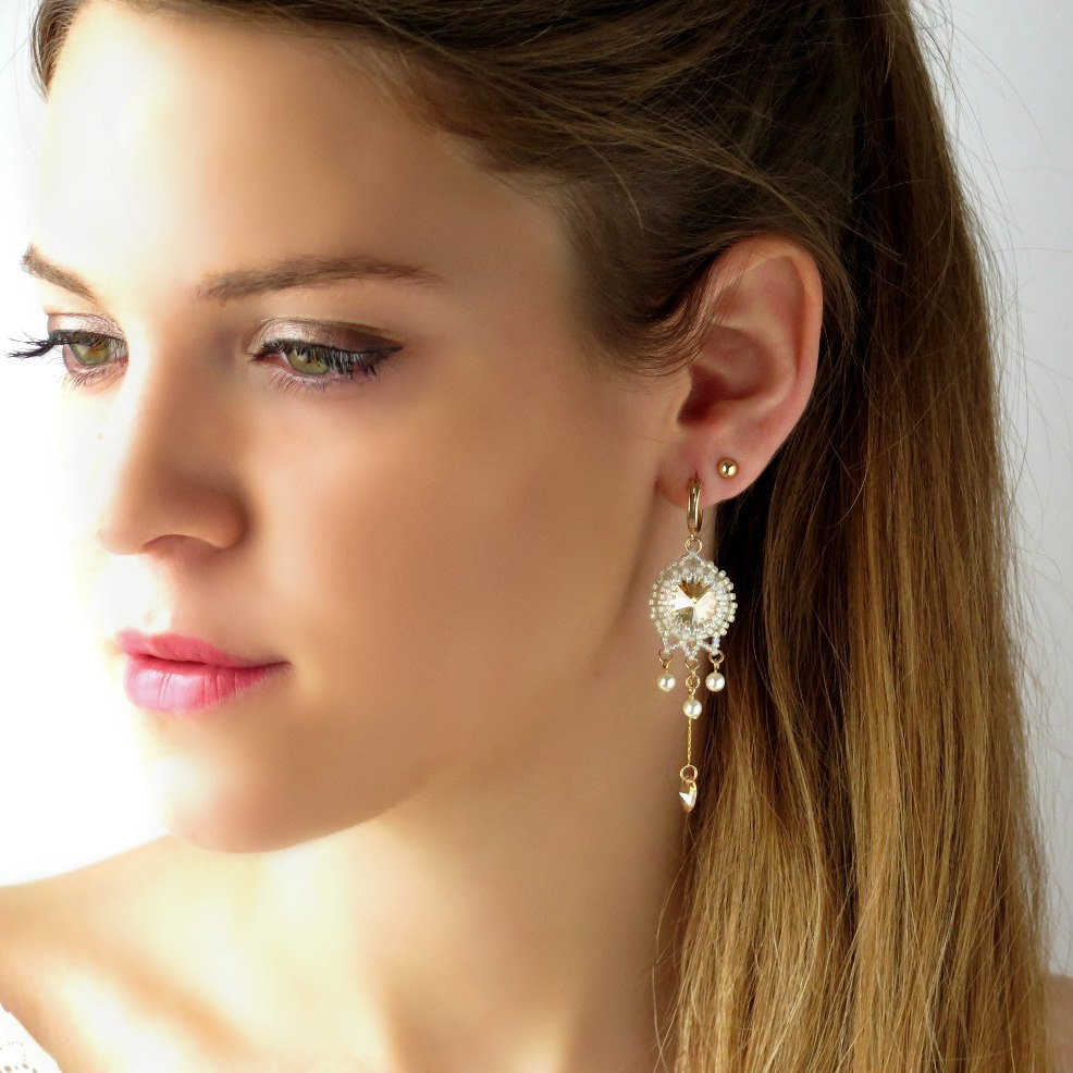 Perle Kronleuchter Braut Ohrringe, Champagner Hochzeit Lange Baumeln Ohrringe Gold, Swarovski Und Kristall von LioraBJewelry