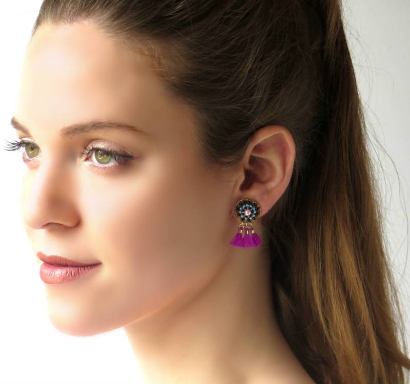 Quaste Ohrstecker, Funky Ohrringe Rosa Und Schwarze Ohrringe, Perlen Ohrstecker Für Frauen, Boho Mode von LioraBJewelry