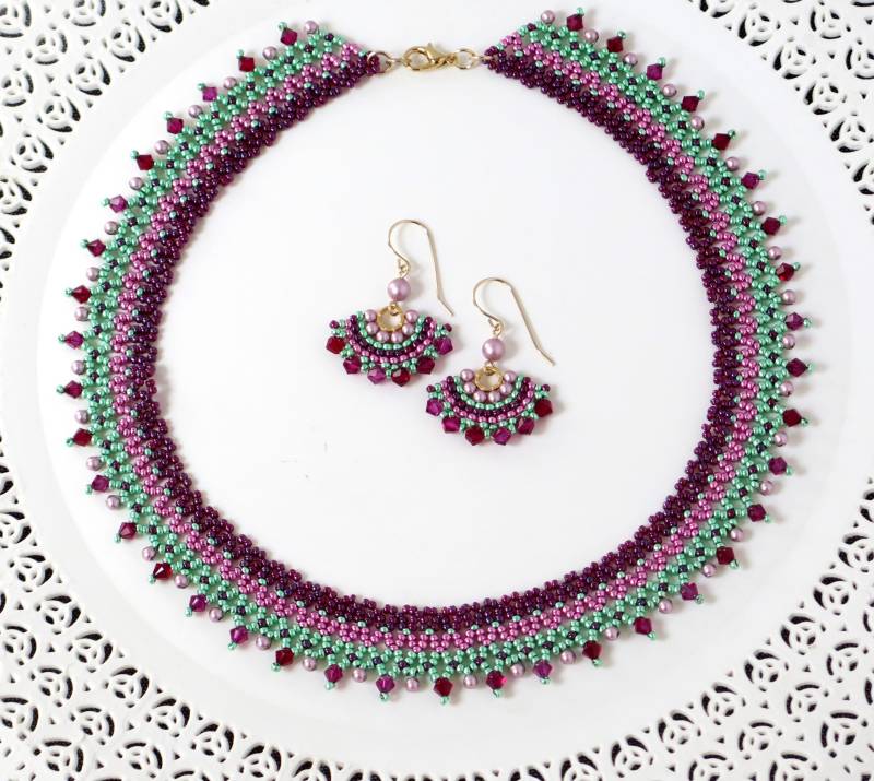 Rosa & Grüne Perlen Schmuck Set, Blaue Kette, Swarovski Rocailles Party Kette Und Ohrring von LioraBJewelry