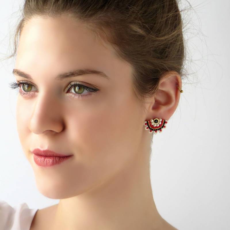 Rote Und Schwarze Ohrstecker, Fächer Ohrringe, Große Perlen Ohrstecker Für Frauen, Mode Rocailles Ohrringe von LioraBJewelry