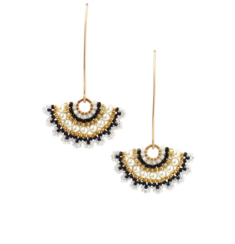 Schwarz Weiße Perlen Ohrringe, Fächer Gold Baumelnde Lange Ohrringe Für Frauen, Statement Gold, Abschlussball von LioraBJewelry