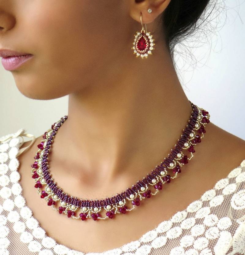 Swarovski Kristall Und Perlen Schmuck-Set, Rote Statement Halskette Ohrringe Set, Handgemachte Schmuck-Sets, Hochzeitshalsketten Für Frauen von LioraBJewelry