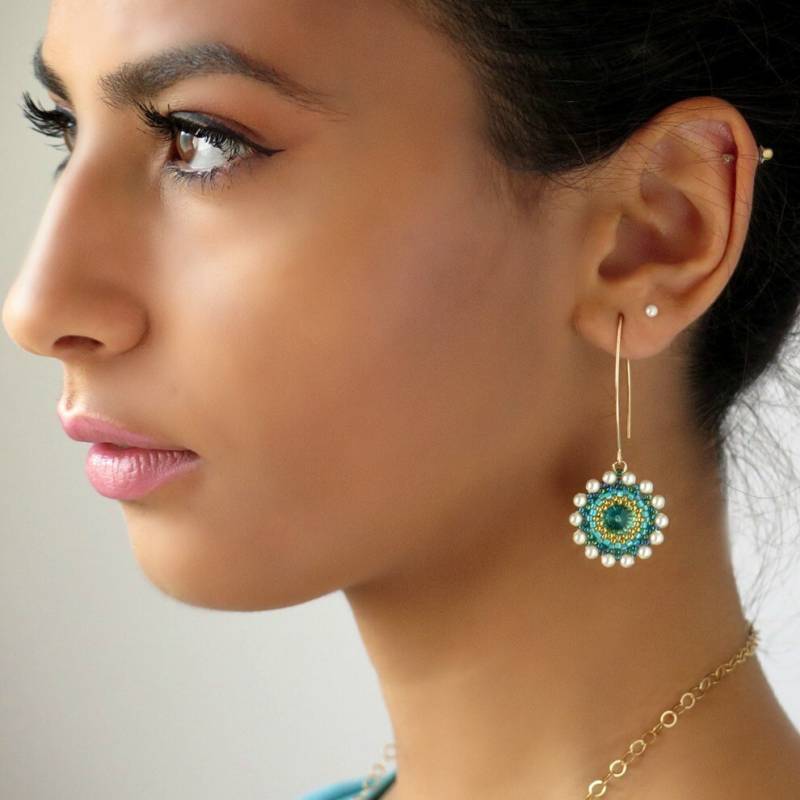 Türkis Lange Ohrringe, Kristallohrringe Und Perlen von LioraBJewelry