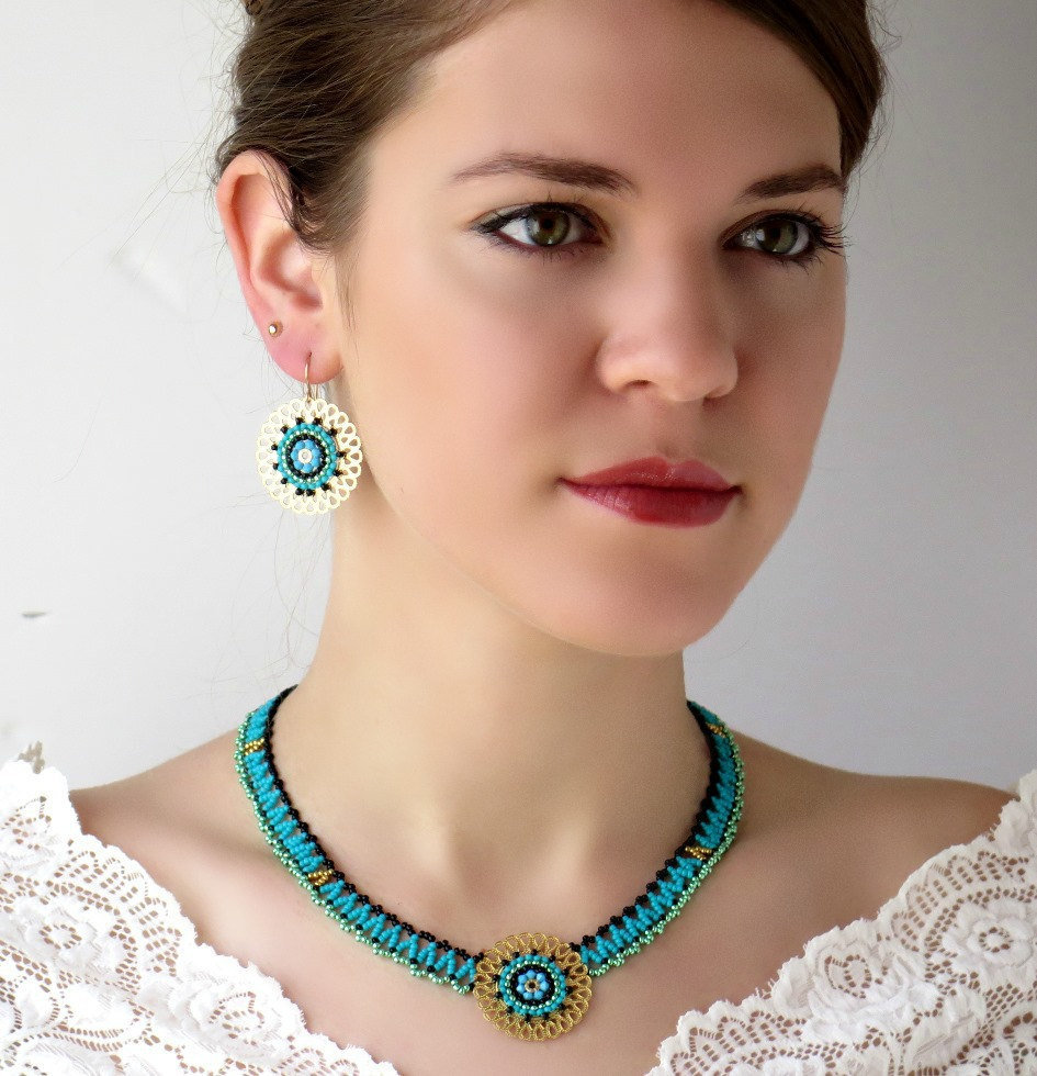 Türkis Schmuck Sets, Mandala Schmuck, Halskette Und Ohrring Set, Handgemachter Perlenschmuck, Runde Ohrringe, Anhänger Halskette, Geschenk Frau von LioraBJewelry