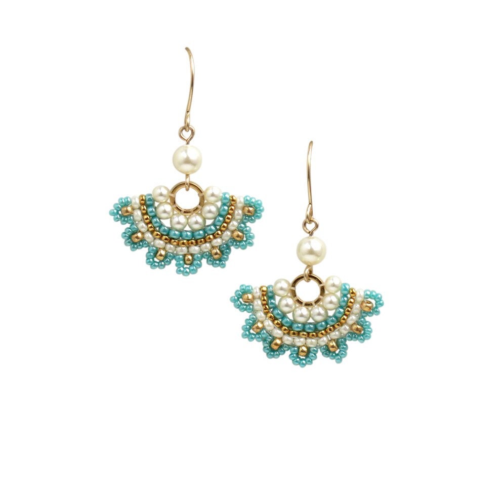 Türkis Und Perle Ohrringe Gold, Hochzeit, Fächer Ohrringe, Rocailles Perlen Ohrring, Handgemachte von LioraBJewelry