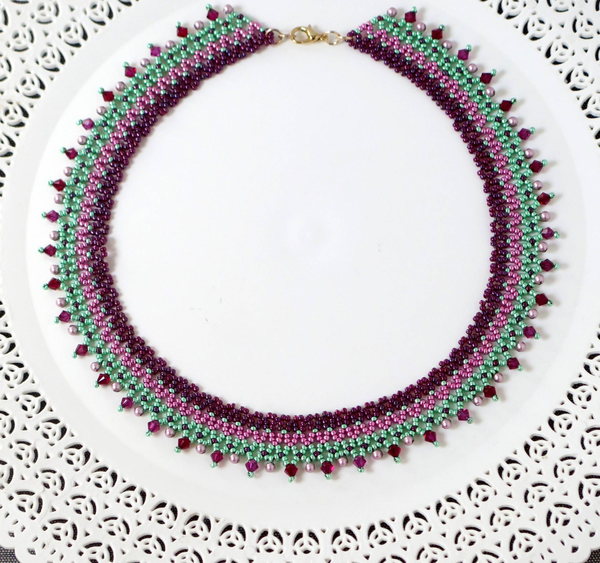 statement Kette, Rosa Und Grüne Halskette, Bunte Rocailles Perlen Halskette, Perlen & Kristall Kette, Modeschmuck Für Frauen von LioraBJewelry