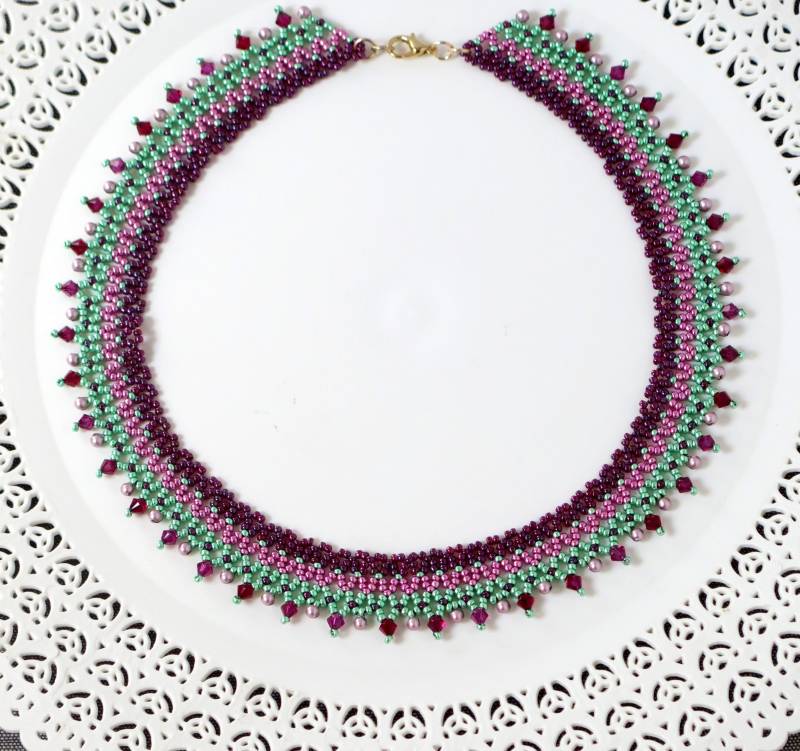 statement Kette, Rosa Und Grüne Halskette, Bunte Rocailles Perlen Halskette, Perlen & Kristall Kette, Modeschmuck Für Frauen von LioraBJewelry