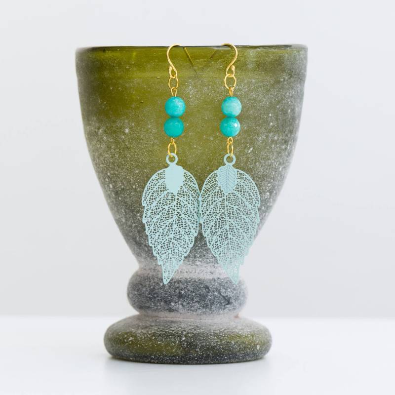 Filigrane Blatt Ohrringe Aqua Jade, Rosegold, Boho Style von LiosiDesigns