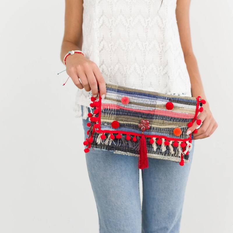 Handgewebte Kelim Clutch Boho Quaste Pom Geldbörse von LiosiDesigns