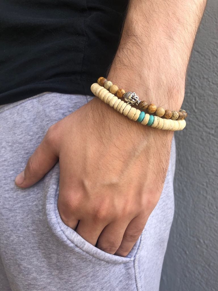 Herren Holzperlen Armband Beige & Türkis Surfer Stil, Weihnachtsgeschenk Für Papa von LiosiDesigns