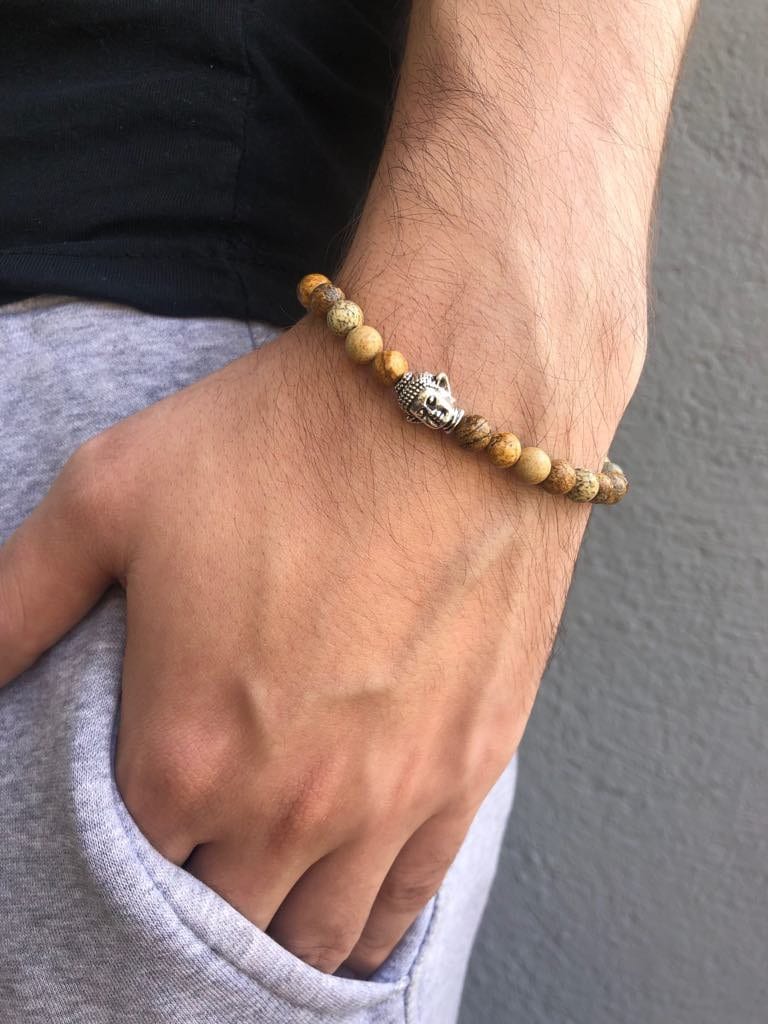 Jade Perlen Armband Silber Buddha Anhänger, Unisex Edelstein Schmuck von LiosiDesigns